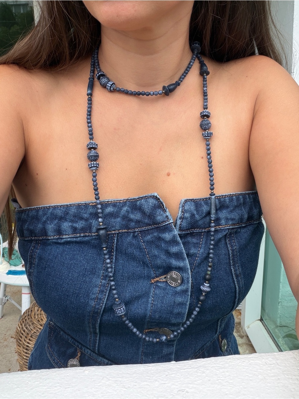 Navy Beaded Long tribal Necklace - versatile